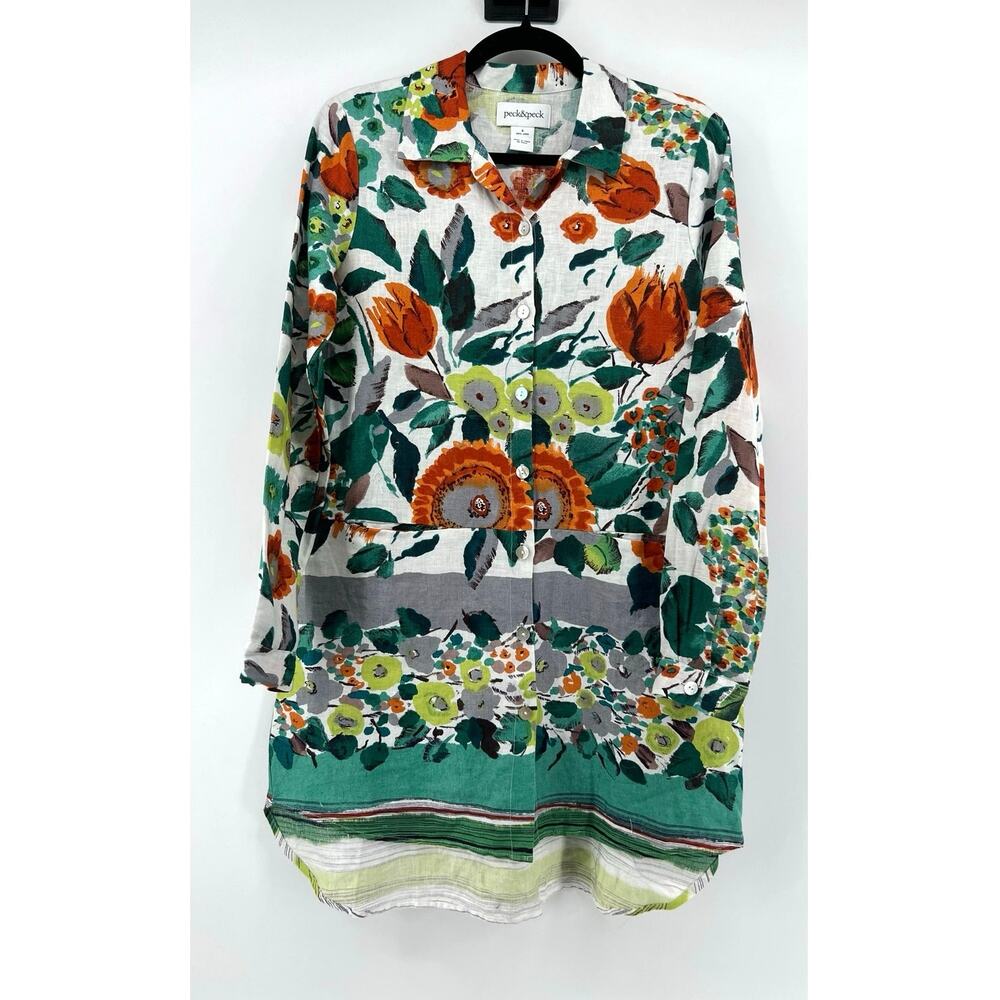 Peck & Peck 100% Linen Floral Print Tunic Shirt Dress Size S Long Sleeve